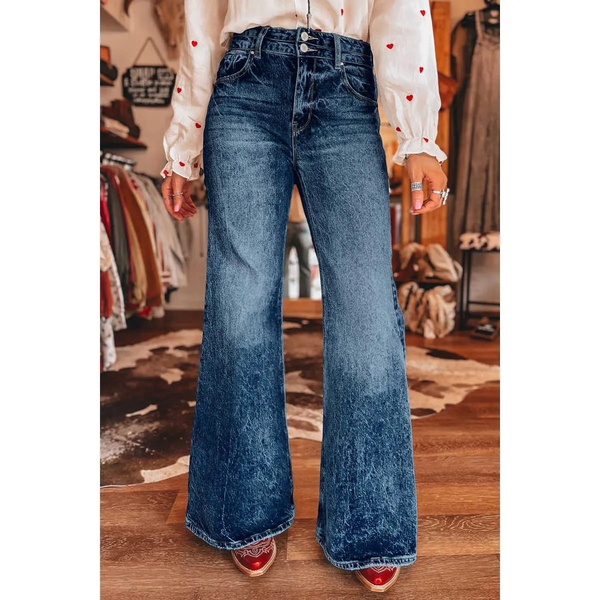 Sail Blue Acid Wash Pocket Detail Flare Jeans