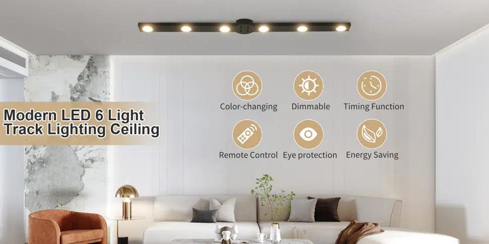 Garwarm Modern Dimmable LED Ceiling Light Track Lighting, 6 Lights Long Flush Mount Ceiling Light Fixture with Remote LED Chandelier for Bedroom Dining Room Kitchen 33W Black, for Home Design