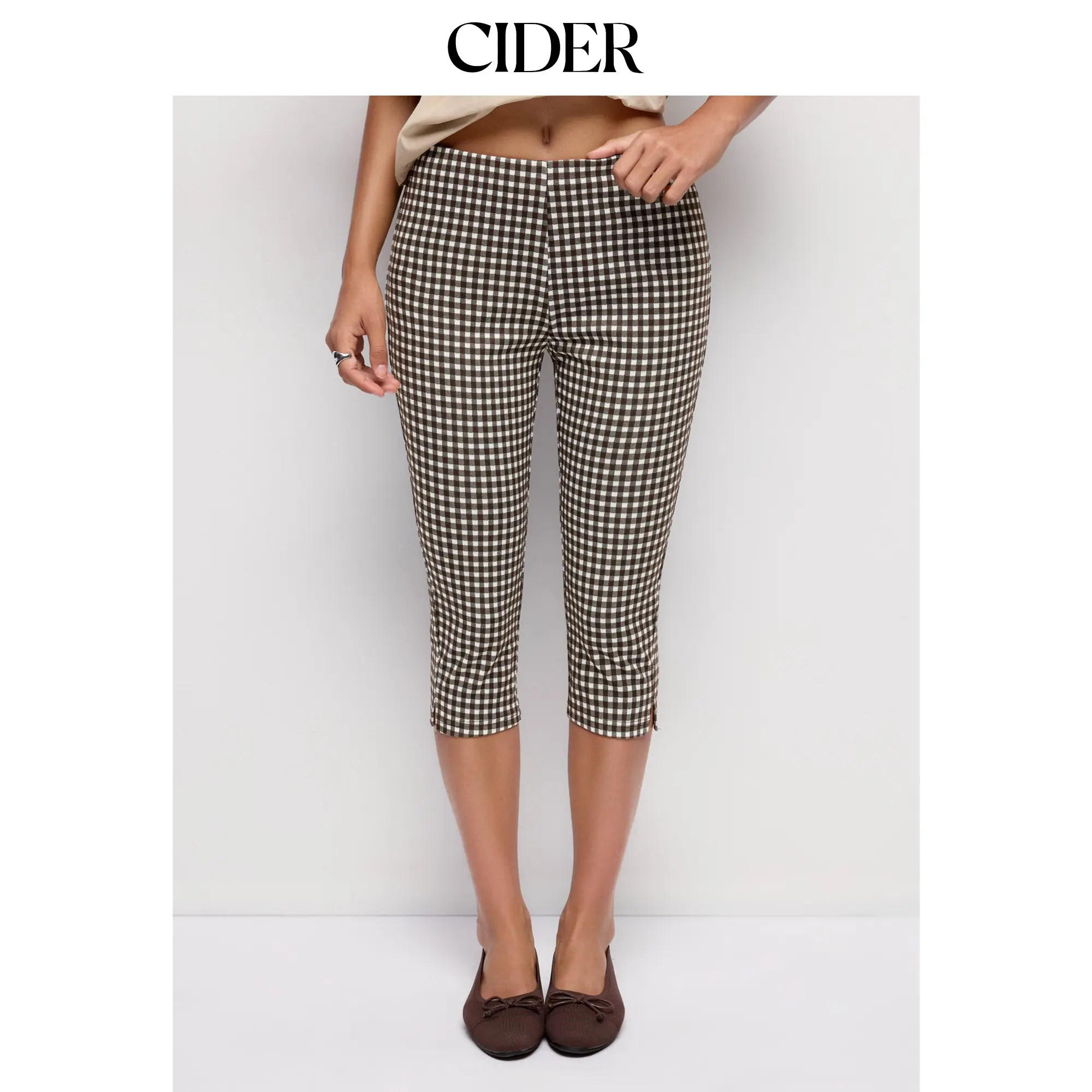 Cider Low Rise Gingham Split Hem Leggings Capris