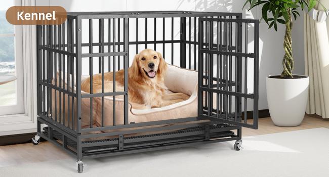 42” Heavy Duty Indestructible Dog Crate, High Anxiety Dog Crate, Escape Proof Dog Cage Kennel with 4 Lockable Wheels, Double Sturdy Locks, Double Door and Removable Tray Design, for Large Dogs