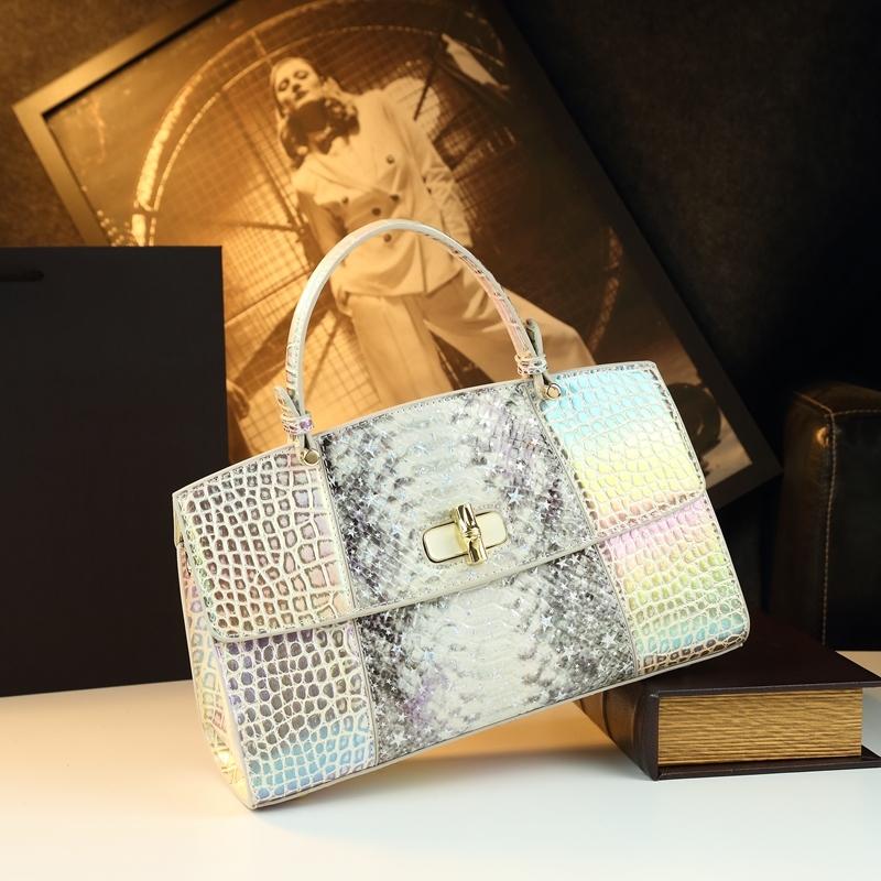 Vibrant Snake Print Crocodile Pattern Handbag, Luxurious Single Shoulder Bag, High-End Commuter Crossbody Bag, Versatile Locking Female Bag