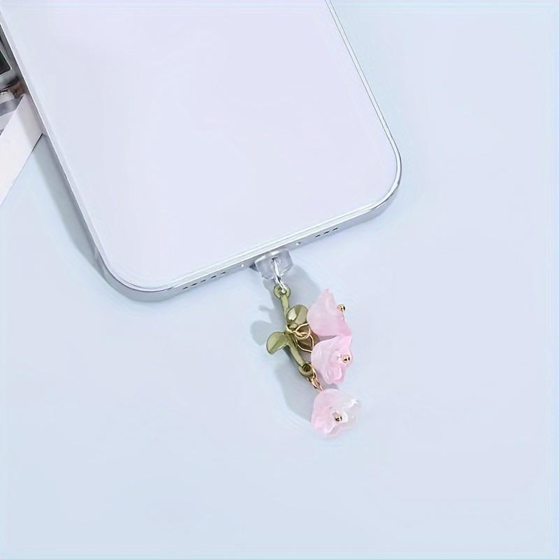 Cute Lily of the Valley Phone Dust Plug, Fairycore Floral Wind Chime Charm, Aesthetic Charging Port Cover for Cell Phone Type-C