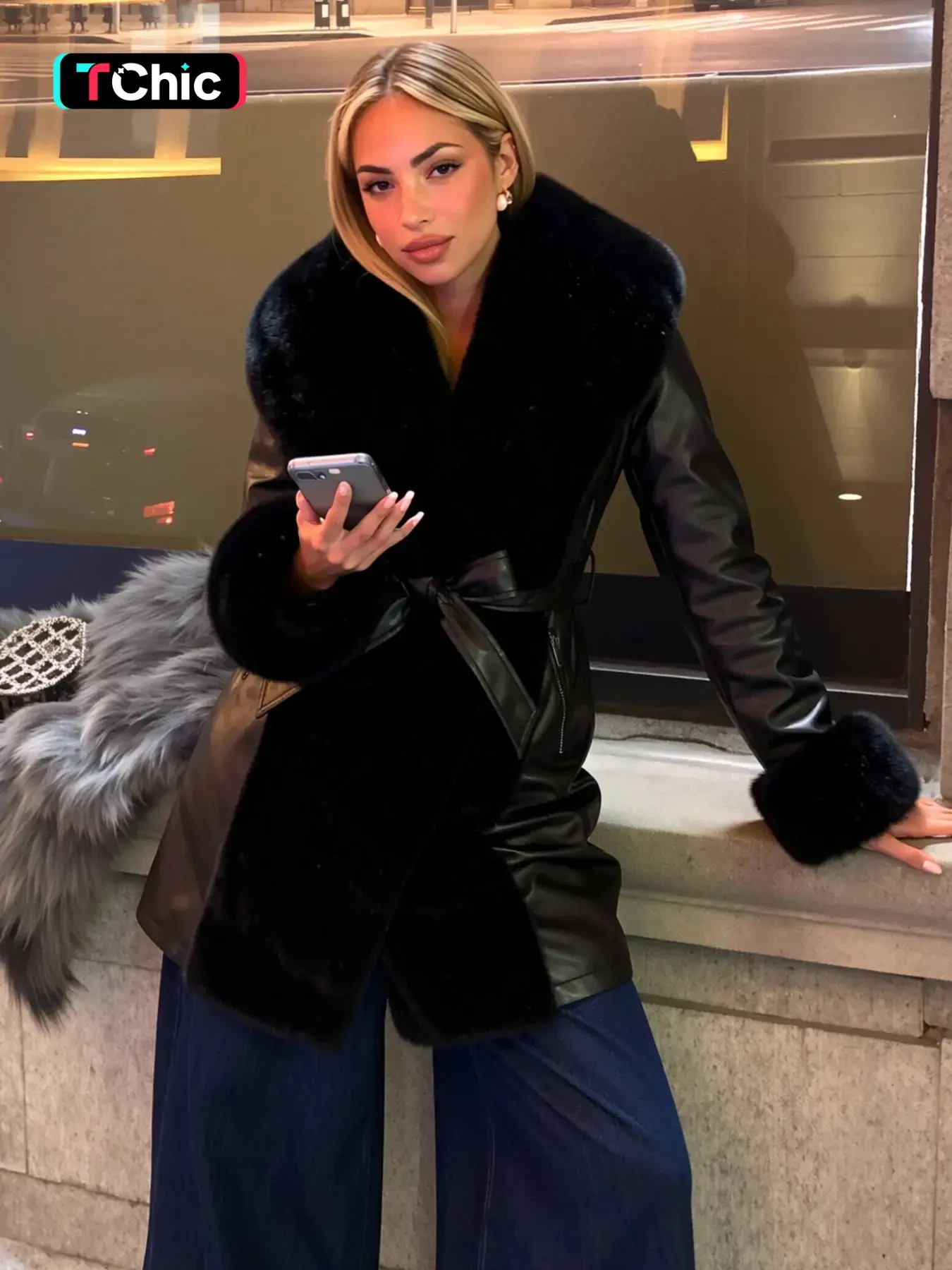 Women's Winter Faux Fur Coat with Belt, PU Patchwork Hooded Tight Fitting Jacket, Elegant Casual Warm Waistcoat for Fall & Winter