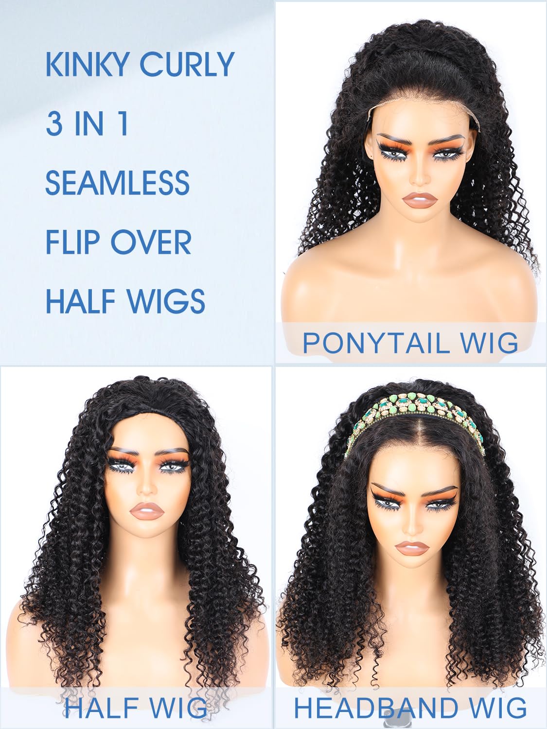 Bling Hair Kinky Curly Half Wig Human Hair 3 In 1 Seamless Flip Over Half Wigs Human Hair Glueless Wear and Go Beginner Friendly 180% Density Elastic Drawstring Headband Half Wigs for Black Women 18 Inch Bling Hair Kinky Curly Half Wig Human Hair 3 In 1 Seamless Flip Over Half Wigs Human Hair Glueless Wear and Go Beginner Friendly 180% Density Elastic Drawstring Headband Half Wigs for Black Women 18 Inch