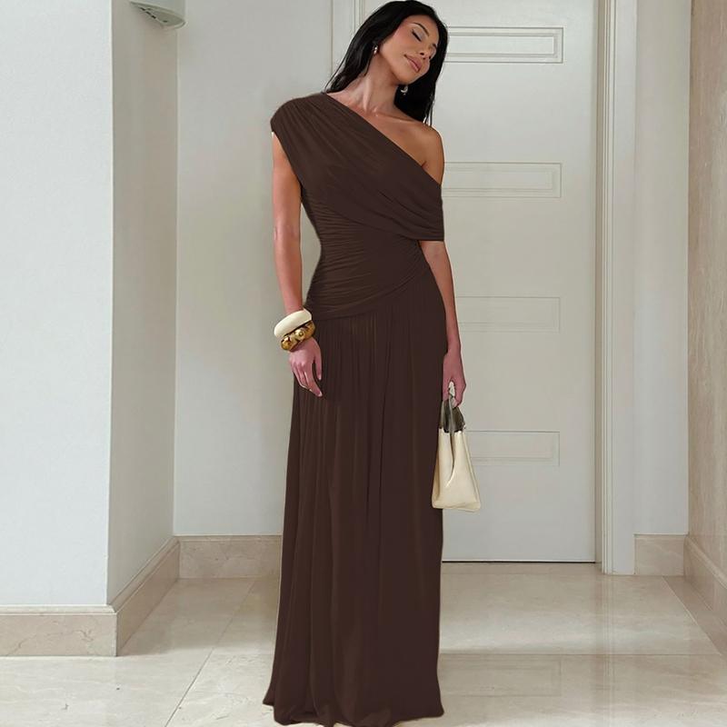 Women's Elegant Solid Irregular Neck Ruched Dress, Sexy One-Shoulder Backless Plain Slim Fit Maxi Dress, Formal Gown for Birthday Party & Date Evening, Summer Ladies Casual Long Dresses for Holiday & Daily Wear Womenswear Women's Elegant Solid Irregular Neck Ruched Dress, Sexy One-Shoulder Backless Plain Slim Fit Maxi Dress, Formal Gown for Birthday Party & Date Evening, Summer Ladies Casual Long Dresses for Holiday & Daily Wear Womenswear