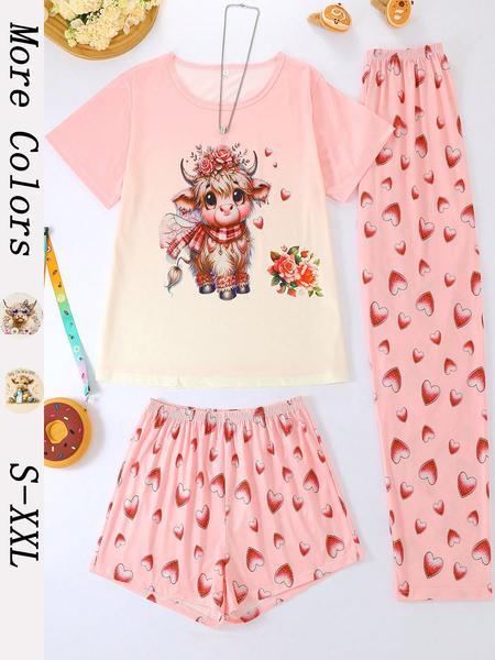 Women's Casual Pajama Set, Round Neck Short Sleeve Top & Elastic Shorts/pants, Leopard & Highland Cow Print, All-Season Wear