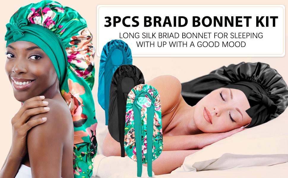【Spring Glow-Up】Braid Bonnet for Black Women - 3 Pack Large Braid Bonnet, Perfect for Long Curly Hair and Braids Elastic Heatless Haircare (Black&Blue&Flower)