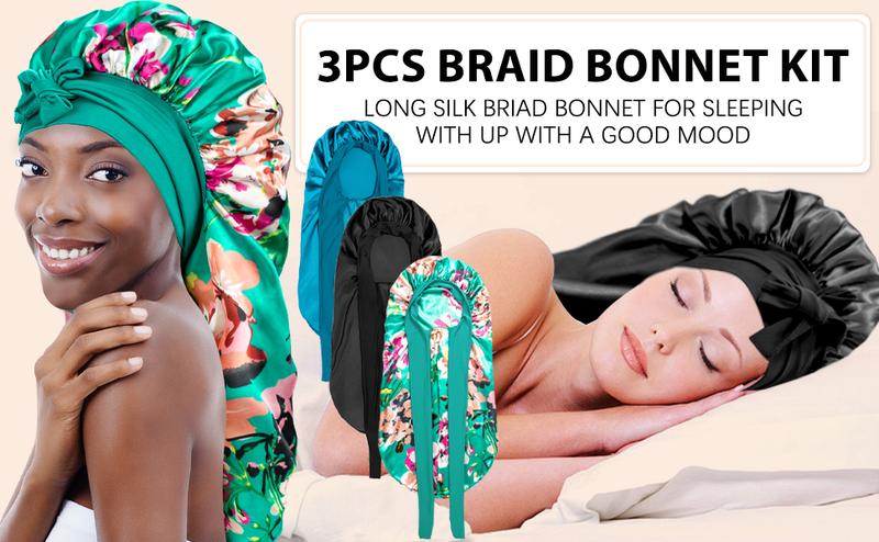 【Valentinesdaygift】Braid Bonnet for Black Women - 3 Pack Large Braid Bonnet, Perfect for Long Curly Hair and Braids Elastic Heatless Haircare (Black&Blue&Flower)