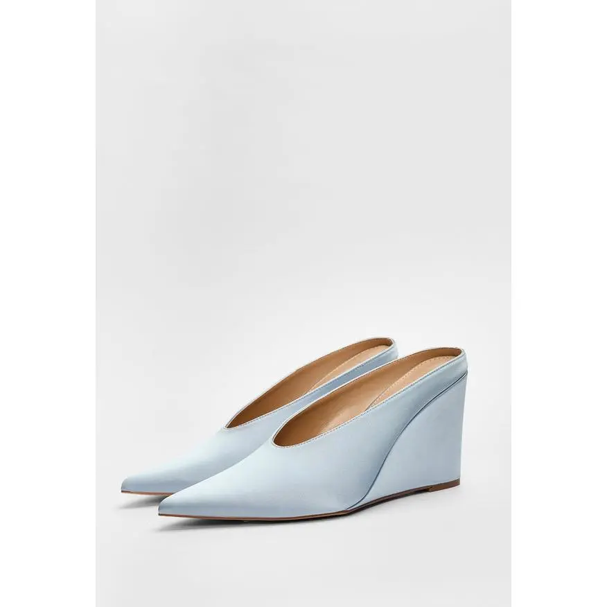 JUSTFAB Women's Classic Satin Slip-On Mule Wedge Heels - Pointed Toe Dress Footwear for Wedding Guest Dress Wear, Smooth Satin