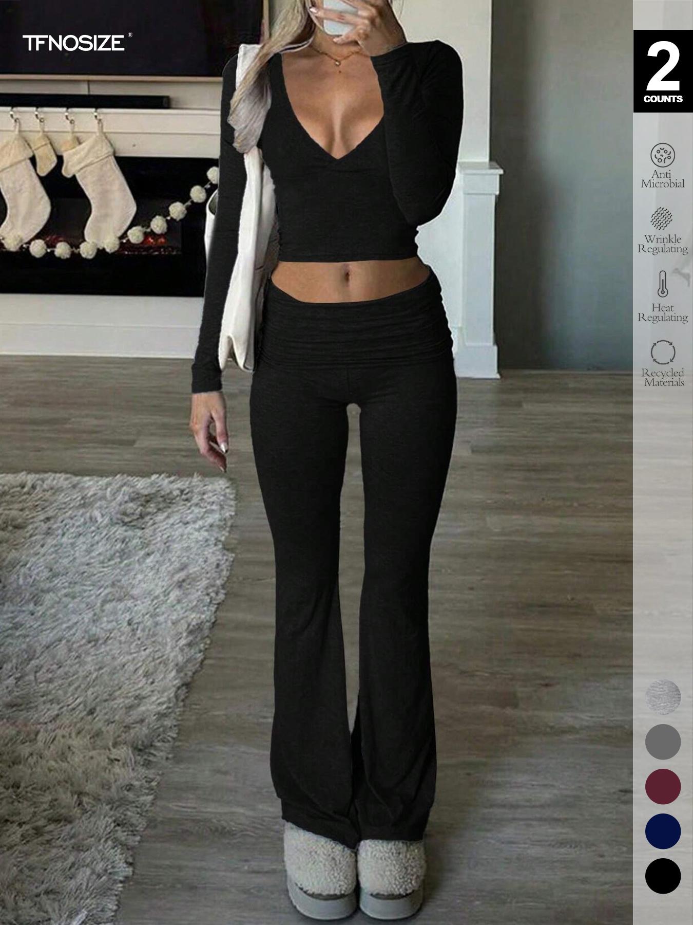 Women's 2/6 Piece Matching Set Long Sleeve Deep V Neck Crop Top and Foldover Flare Leggings Yoga Outfit Flare Pants Tracksuit