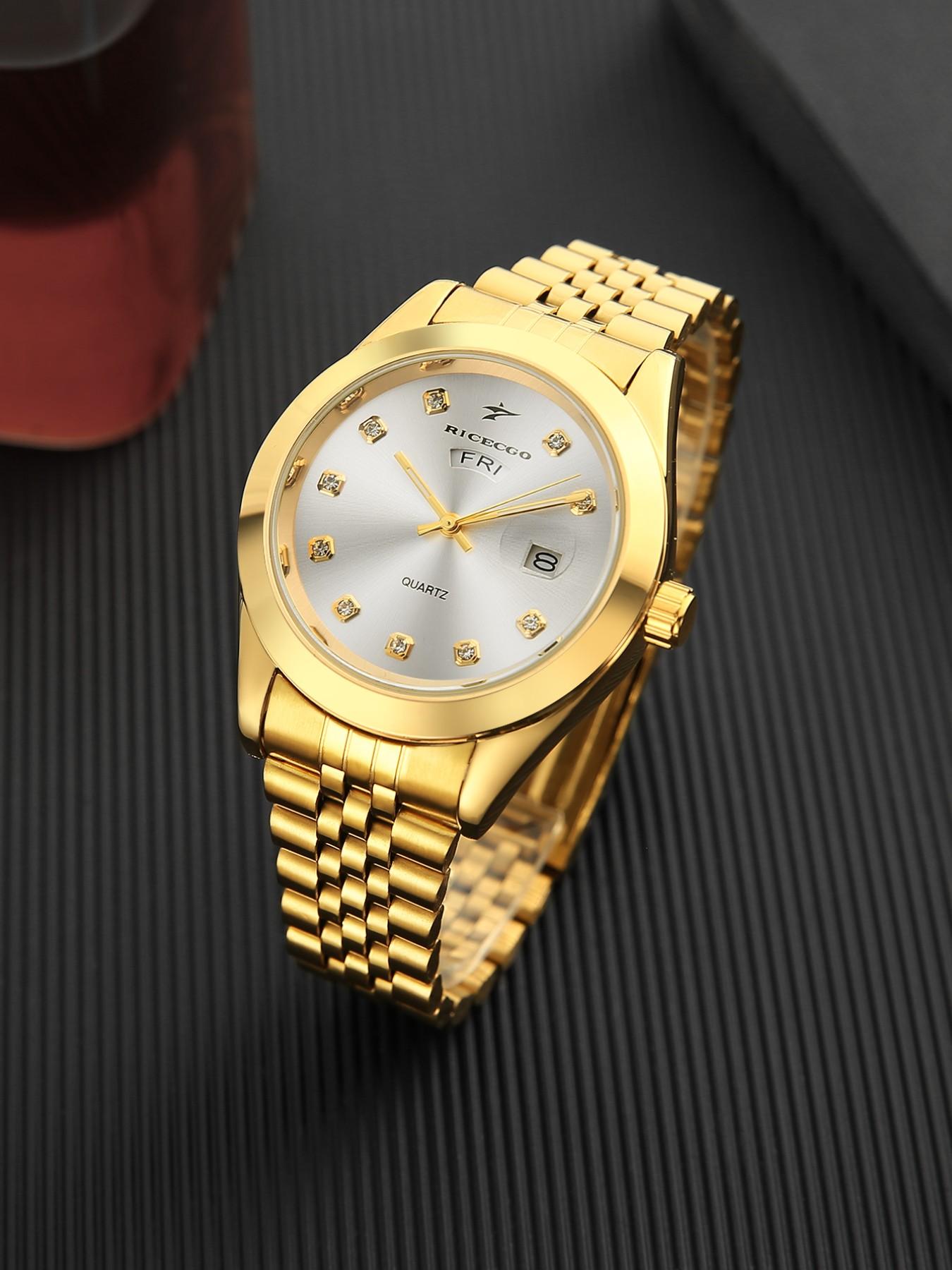 RICECGO Men's Quartz Watch Luxurious solid gold finish Elegant Round Dial Diamond-set hour markers sparkle with eye-catching brilliance Features day and date display Exudes prestige for business gifts Limited-time offer—act fast before it's gone