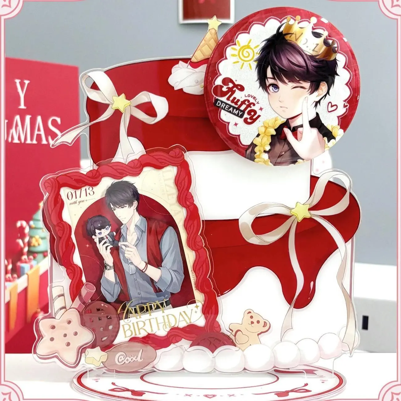 Sweet Birthday Cake 3-in-1 Acrylic Goods Display Set, Magnetic Badge Holder + Photocard Frame + Spoon/Fork Props for Collection