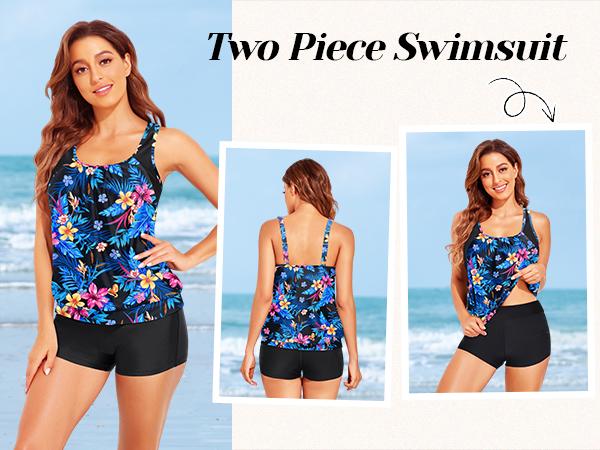 Daci Aqua Floral Women Two Piece Tankini Set - Two Piece Tummy Control Bathing Suits Top with Shorts 2026 Swimsuits Swimwear