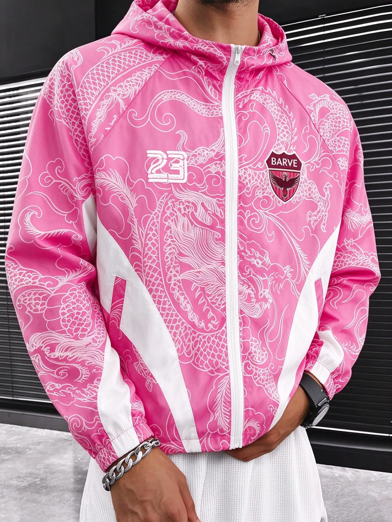 American Street Dragon Print Hooded Jacket, Full Zipper, Side Pockets, Loose Fit, Casual Outerwear, Windproof and Breathable, Trendy Men's Coat