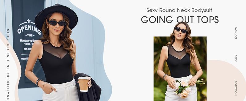 Avidlove Bodysuits for Women Summer Tops Mesh Crew Neck Leotards Shirts Sleeveless Going Out Bodysuit Tops