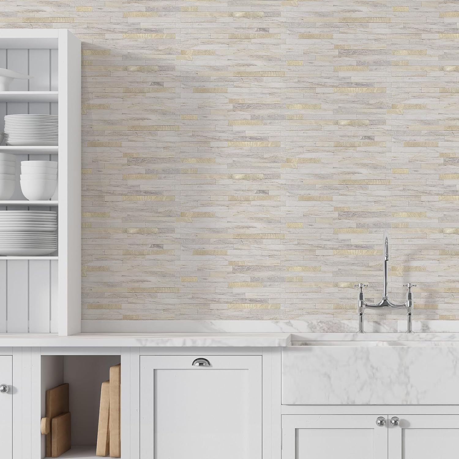 STICKGOO 20 Sheets Peel and Stick Backsplash Tile, Stick on Backsplash for Kitchen and Bathroom, Sunny Beige Look PVC Mixed Metal Gold Self Adhesive Wall Tiles Home Modern