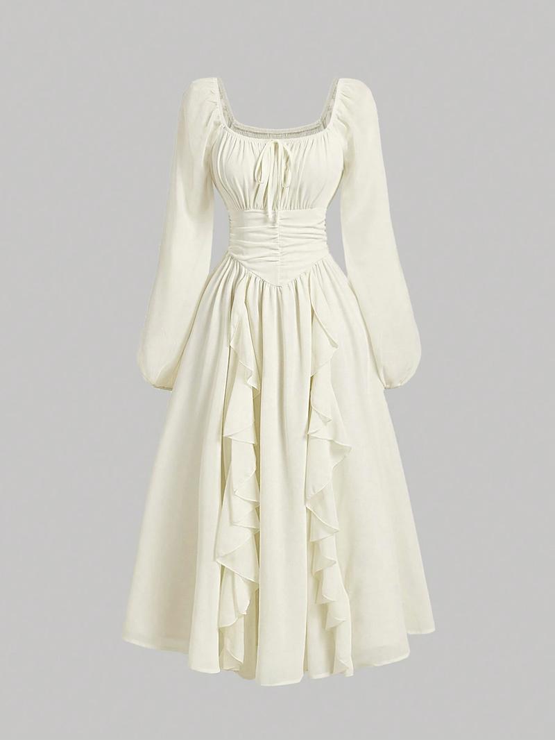 Women's Ruffle Lantern Sleeve Long Sleeve Cute Dress, Autumn Wedding Guest Renaissance Style Back-To-School Graduation Gown,milkmaid dress,misty white dress