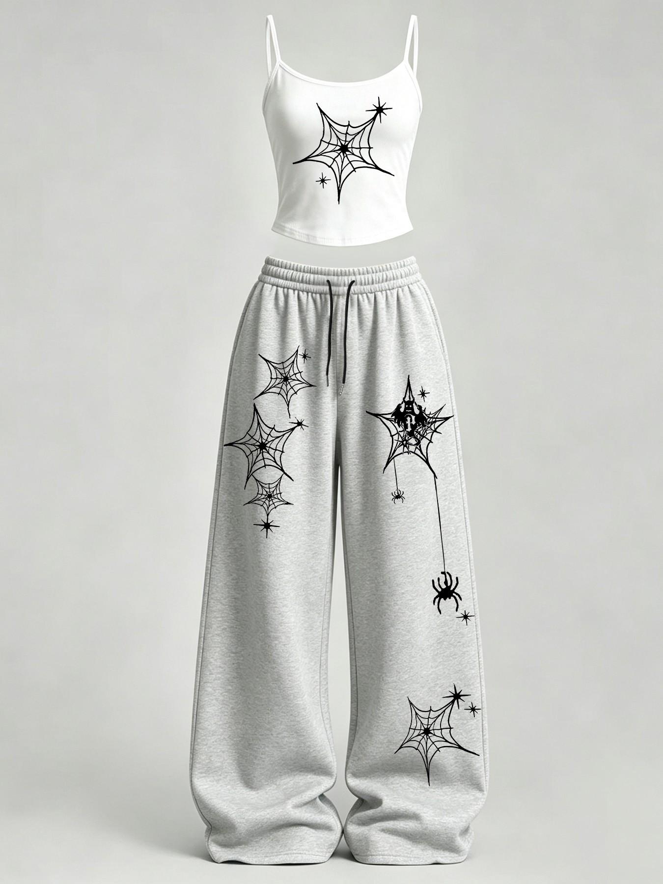 Women's Casual Spider Web Print Slim Fit Tank Top + Loose Baggy Pants Set, Y2K Street Style, Daily Wear, Home Leisure, Campus Fashion