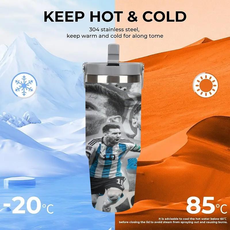 1pc 30oz Messi Argentina national team stainless steel insulated cup - blue and white stripes - 10 size with full printing - portable handle - large capacity sports water cup - suitable as a gift for sports fans