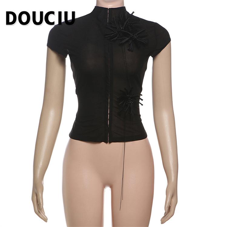 DOUCIU Summer Thin Cool Perspective Intellectual Elegant Versatile Street Chiffon Mesh Short-Sleeved Top T-Shirt