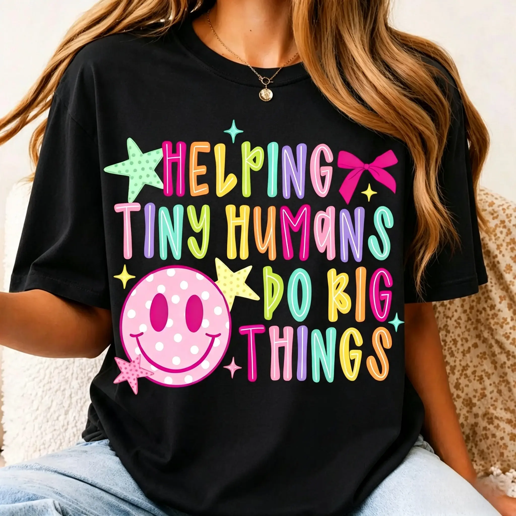 Comfort Colors Teacher Shirt, Helping Tiny Humans Do Big Things Graphic Tee, Neon Crayon Smiley Back to School T-Shirt