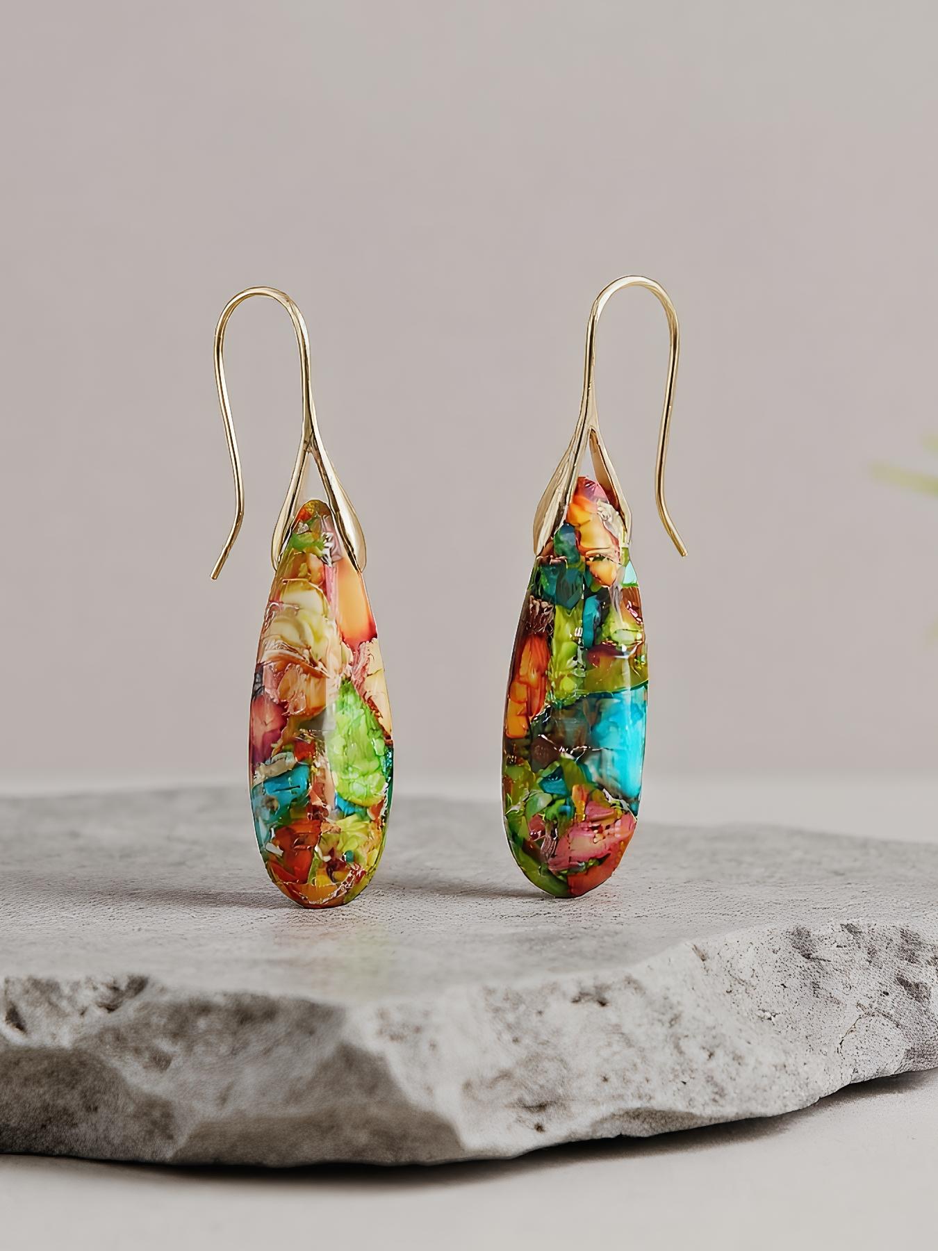 Natural Healing Stone Fish Pendant Earrings, Boho Ditsy Floral Jewelry Set, Copper Plated, Hypoallergenic, Ideal Gift for Couples