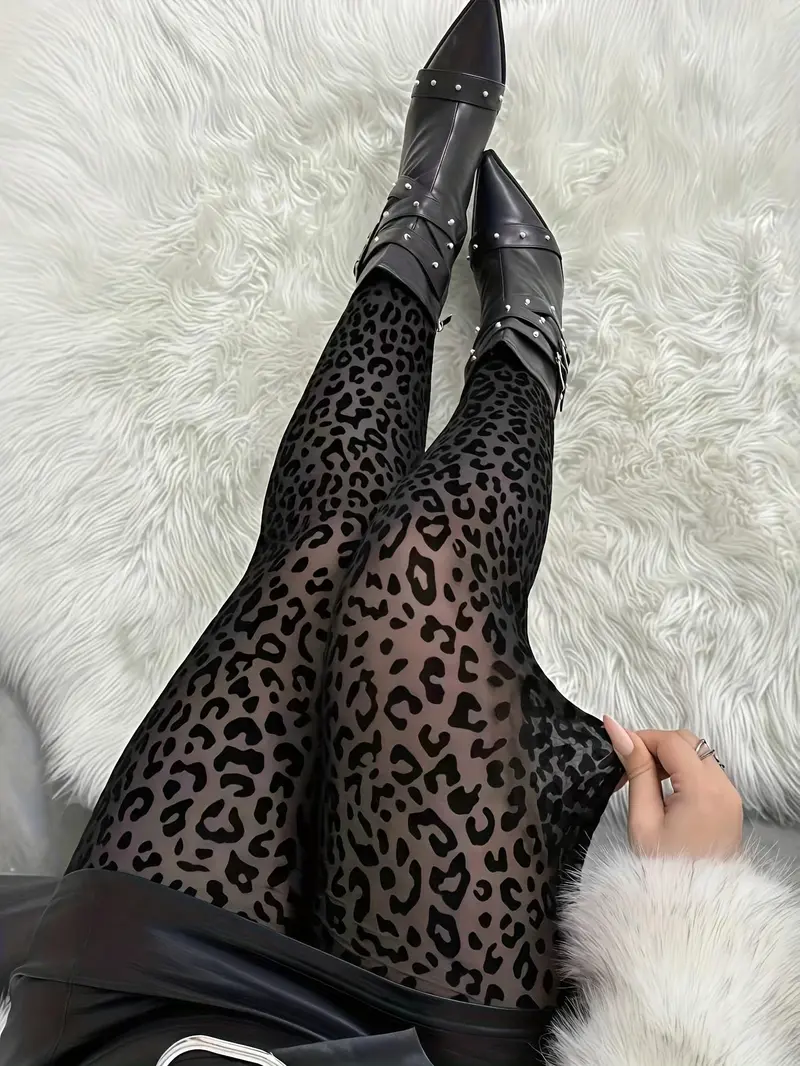Women's Black Leopard Print Mesh Perspective Leggings - Chinlon Blend, Breathable, Full-Length, Soft Comfortable, Exquisite Style, Machine Washable, Ideal for Dating, Party Wear (Single Item)