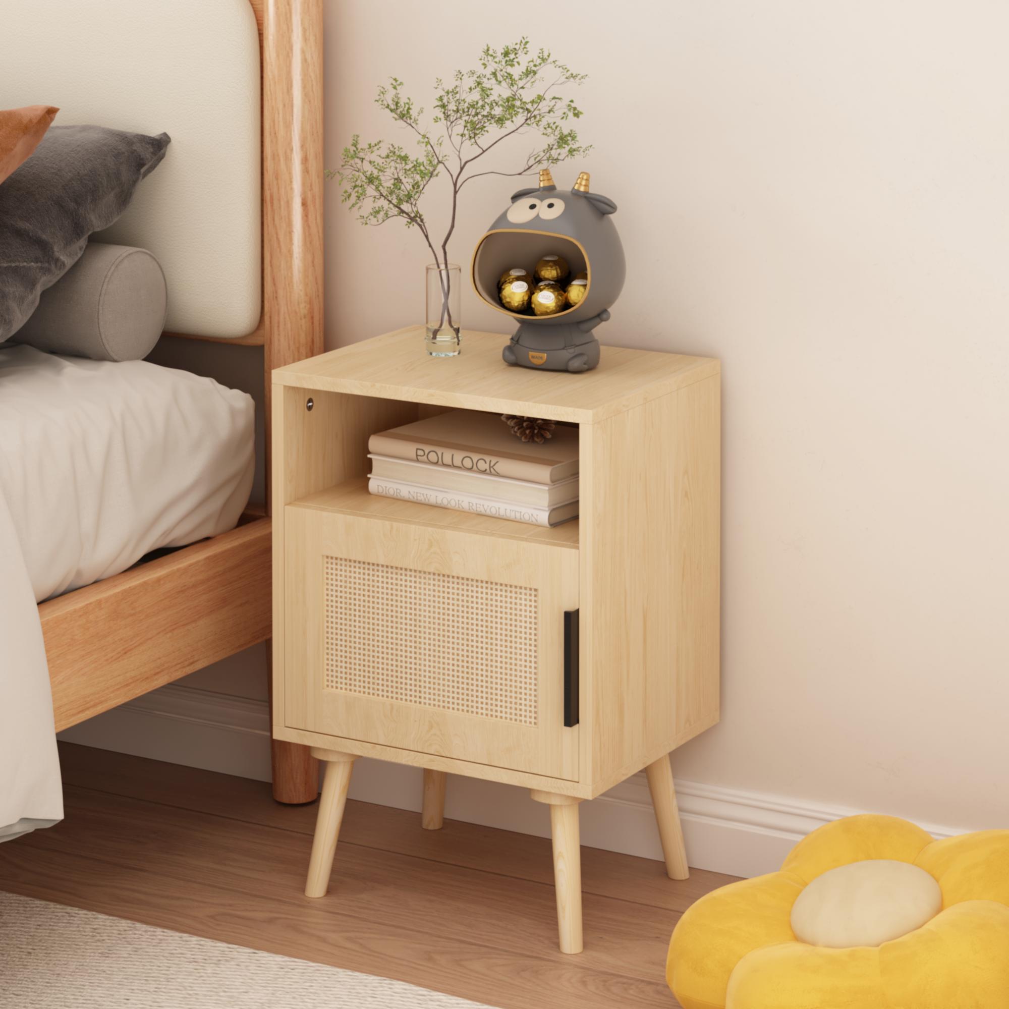 22.83'' H Rattan Nightstand, Side Table with Door Open Shelf,  Accent Bedside End Table with Solid Wood Legs for Bedroom, Dorm and Small Spaces, Oak ， furniture ， RR