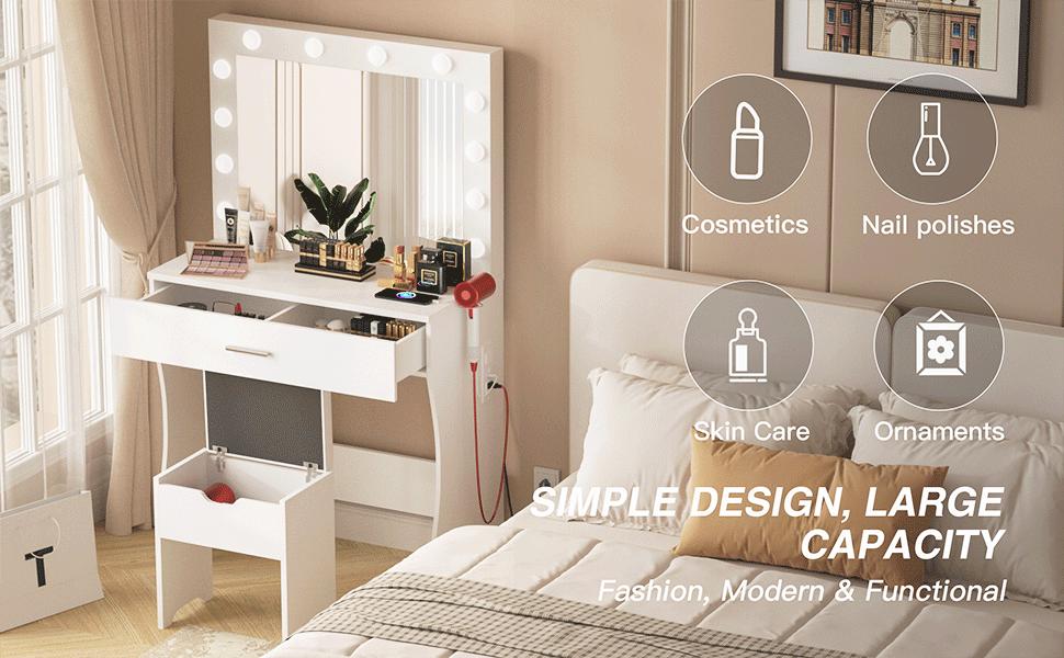Vabches Vanity Table Set with Lighted Mirror - Makeup Vanity with Charging Station, Large Drawer Sturdy Wood Vanity with Lights, 3 Color Modes, Adjustable Brightness, White