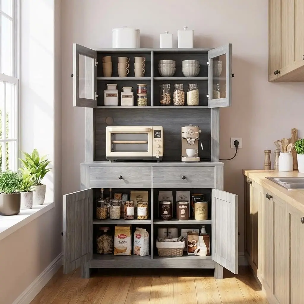 GARVEE 63" Tall Kitchen Pantry Hutch Cabinet with Drawers, Freestanding Storage Cabinet with Microwave Stand, Adjustable Shelves & Tempered Glass Doors for Dining Room Living Room,Grey