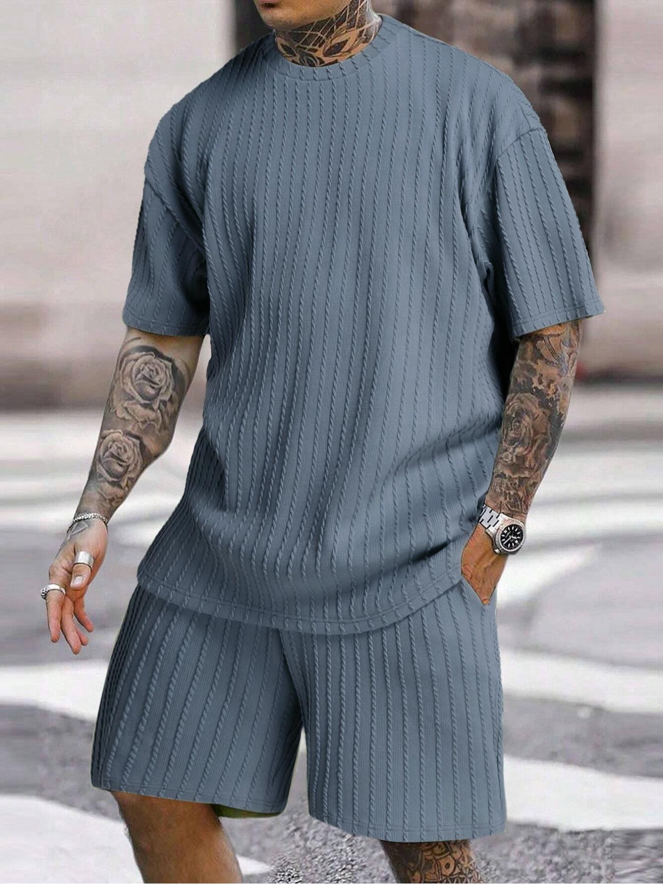 Men’s Streetwear 2-Piece Set – Soft Textured Knit Oversized Tee & Drawstring Shorts, Casual Summer Outfit Men’s Streetwear 2-Piece Set – Soft Textured Knit Oversized Tee & Drawstring Shorts, Casual Summer Outfit