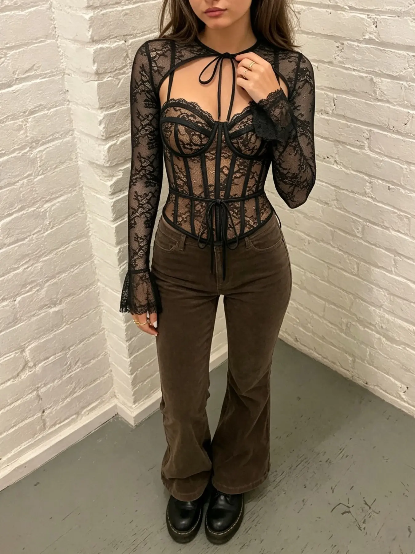 Sexy Lace Mesh Sheer See-Through Backless Bra Top, Long Sleeve Shawl Two-Piece Set, Trendy Ladies' Fashion, Perfect for Parties
