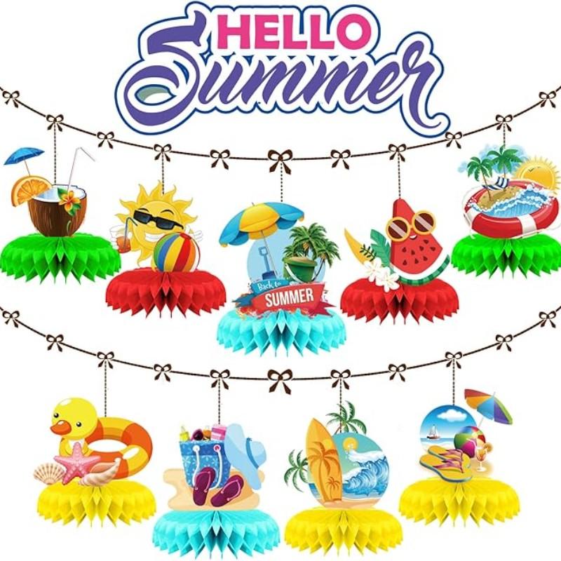 9Pcs Summer Beach Party Honeycomb Centerpieces, 3D Tropical Table Decorations for Pool Party, Luau Birthday Decor, Hawaiian Party Supplies, Summer Table Toppers for Party, Watermelon Sun Coconut Elements