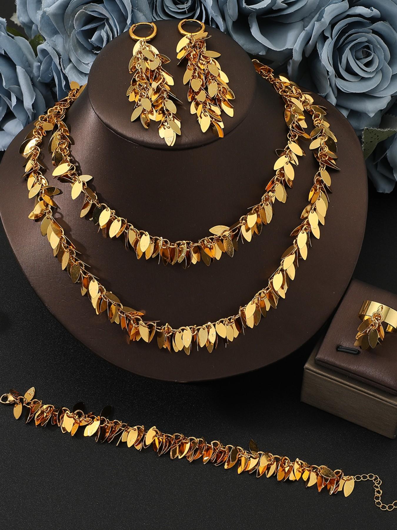 5pcs/set Square Fringe Stainless Steel Jewelry Set, Necklace, Earrings, Bracelet, Ring, Party Wedding Gift