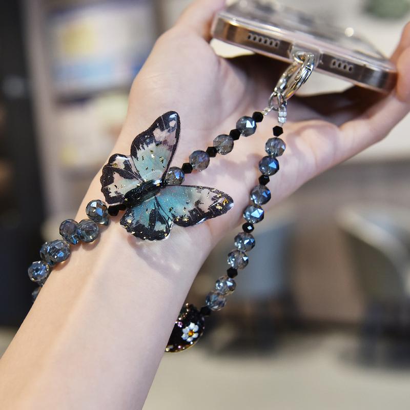 Butterfly Design Beaded Phone Chain, DIY Premium Smudge Bow Beaded Crystal Lanyard, Phone Wrist Lanyard, Earphone Case Key Camera Ornament, Charms