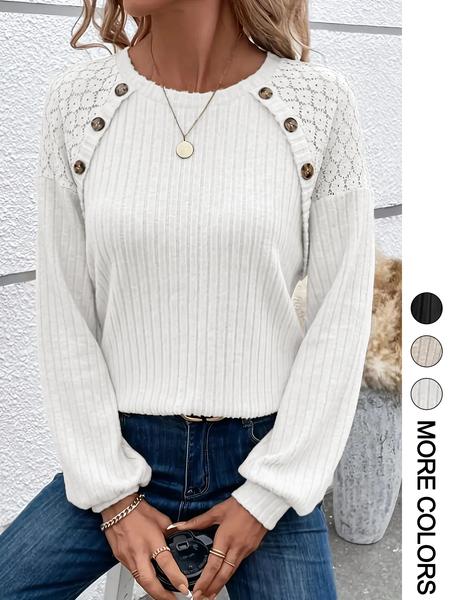 Women's Contrast Floral Lace Button Decor Ribbed Tee, Casual Drop Shoulder Long Sleeve Round Neck T-shirt for Spring & Fall, Fashion Women's Knitwear Tops for Daily Wear