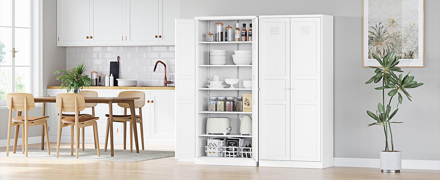 Yizosh Metal Storage Cabinet with 2 Doors and 4 Adjustable Shelves - 61" White Kitchen Pantry Storage Cabinet, 5-Tier Tall Steel Cabinet Locker for Kitchen, Living Room, Dinning Room