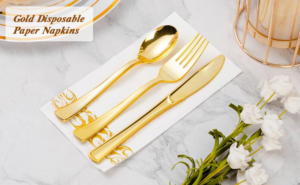 GOODLUCK 100-Pack 3-Ply Disposable Napkins with Gold Trim Soft Absorbent & Durable for Parties Weddings Events Elegant Set for Any Occasion