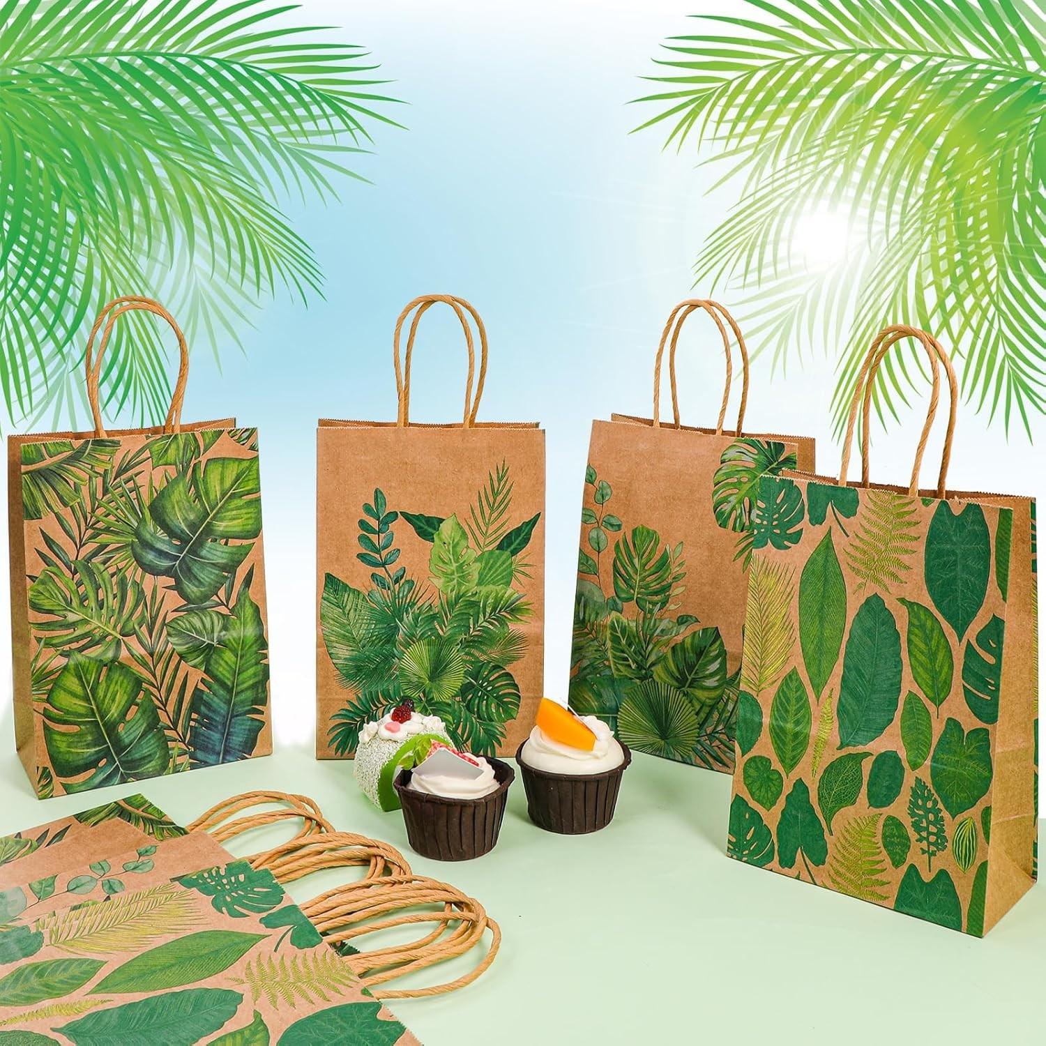 12/24-Pack Summer Tropical Palm Leaf Gift Bags – Tropical Leaf Candy & Favor Bags – Green Monstera Leaf Paper Bags (Ideal for Baby Showers & Bachelorette Parties)