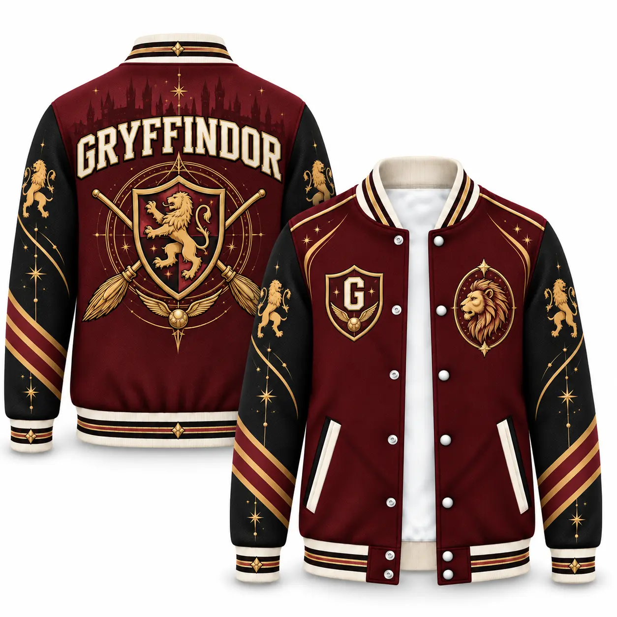 Harry Potter Gryffindor Graphic Varsity Jacket, Hogwarts Lion House Crest Burgundy Black Baseball Letterman Jacket, Snap Button Long Sleeve Outerwear