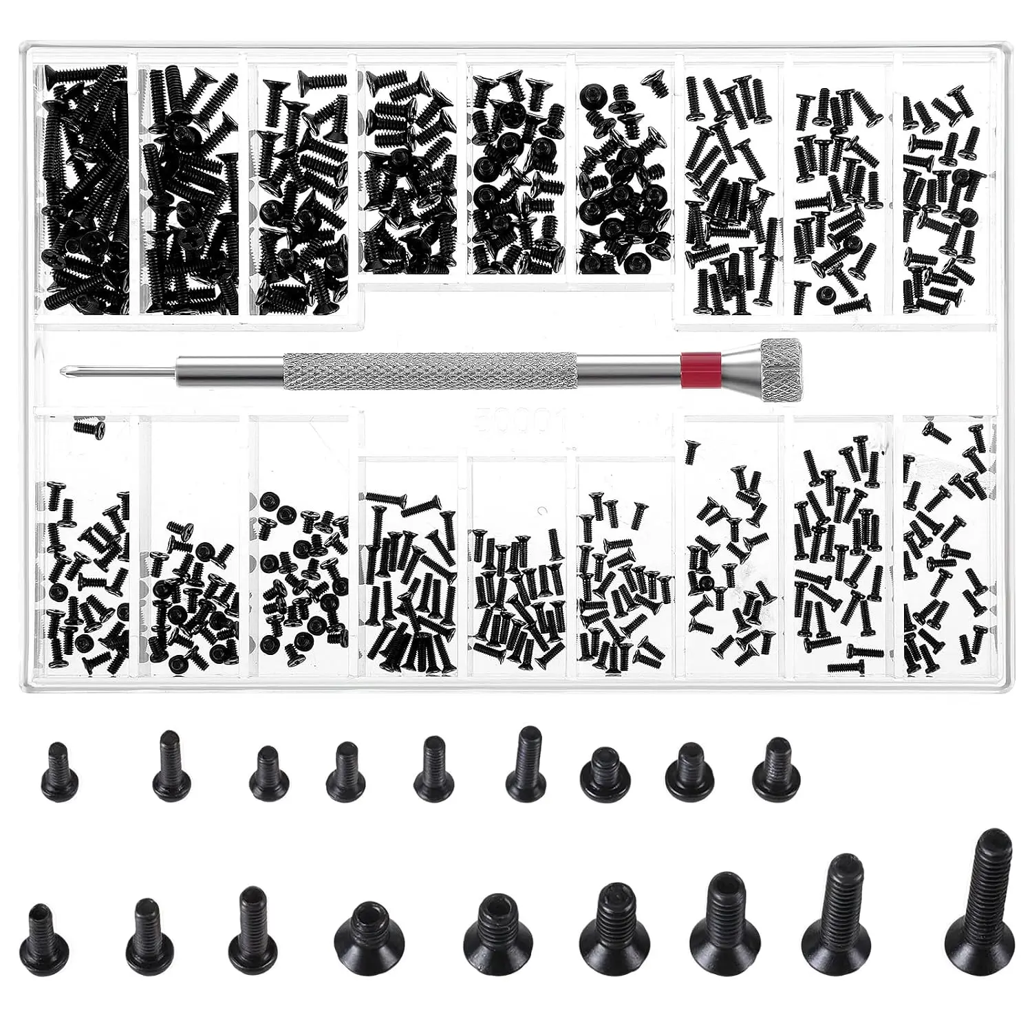 500-Piece Small Size Metal Screw Kit with Driver, M1.2-M2.0 (M1.4 Included) Assortment for Laptop Repair, Black Replacement Screws for Glasses, Watches, Electronic Devices