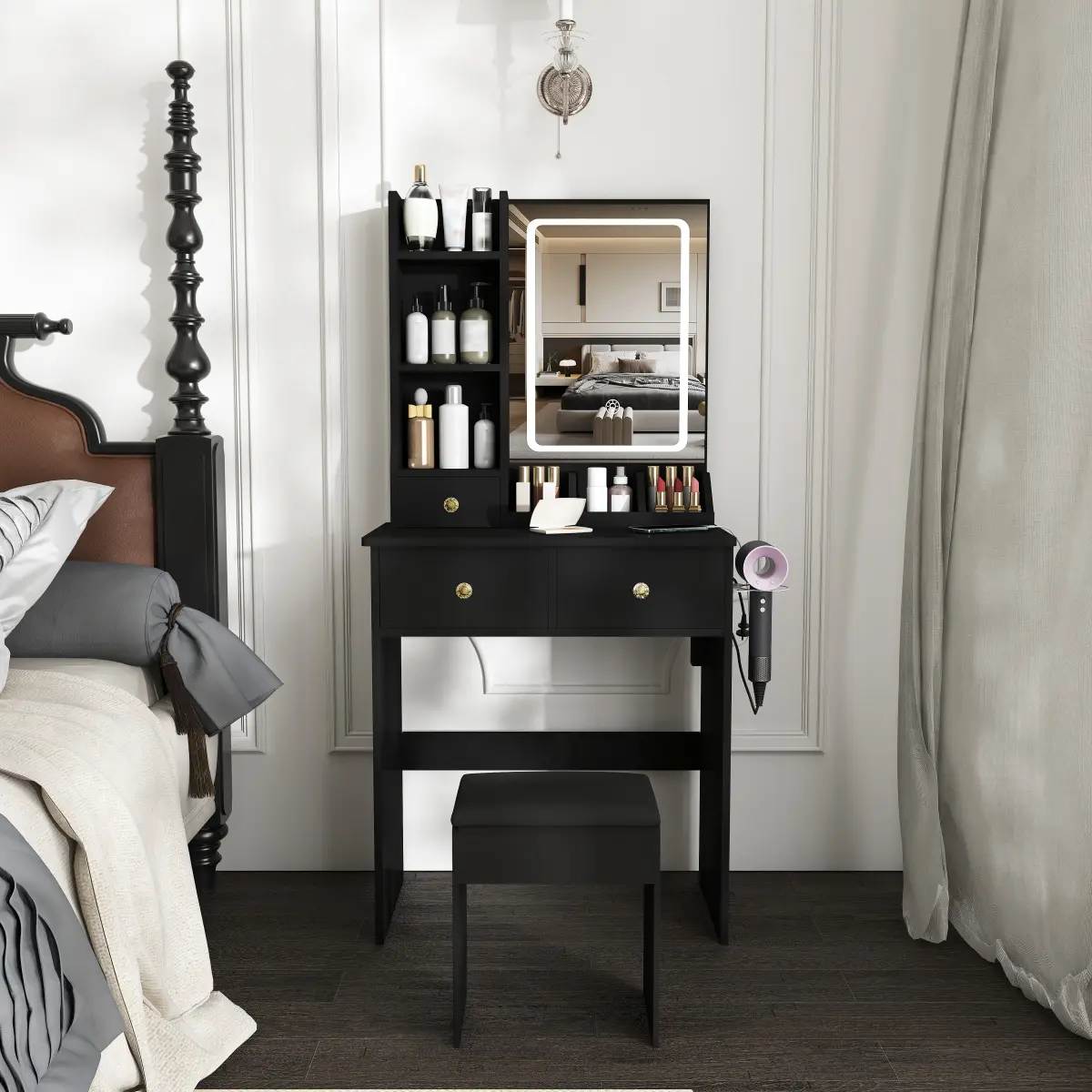 Modern small Vanity Desk ,featuring 3 modes of LED lighting with adjustable brightness, 3/4 drawers and multiple open storage shelves, a hair dryer holder and power socket, and a dressing chair