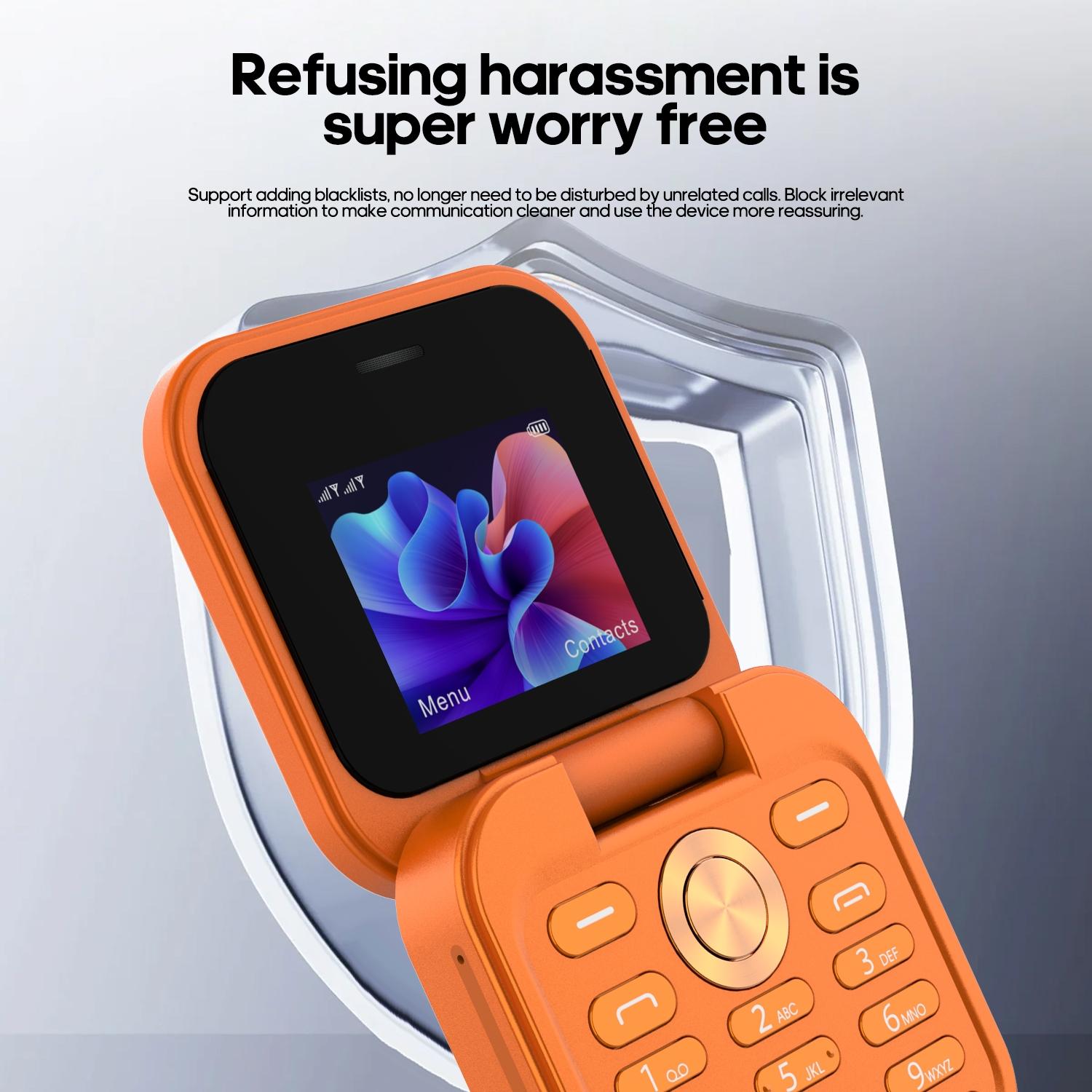 FUFFI fashionable mini folding clamshell phone with 2G network, 1.77-inch high-definition screen, dual SIM dual standby, 1000 mAh battery, flashlight/ music/ video/ convenient lanyard/ maximum support for 8GB capacity expansion