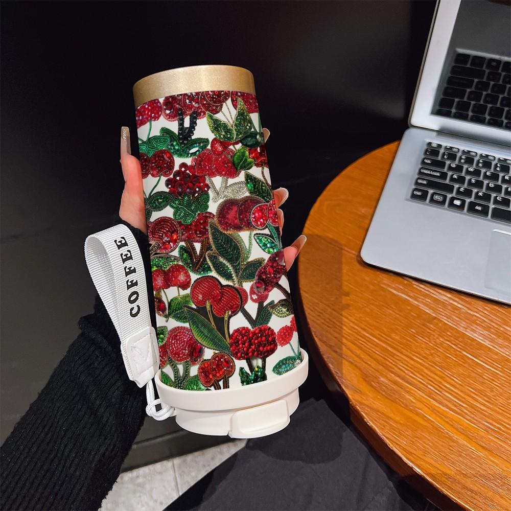 Abstract Oil Painting Cherry Texture Coffee Cup, Portable Insulated Tumbler, Keeps Hot/cold, Boho Style, Ideal for Office, Travel, Sports
