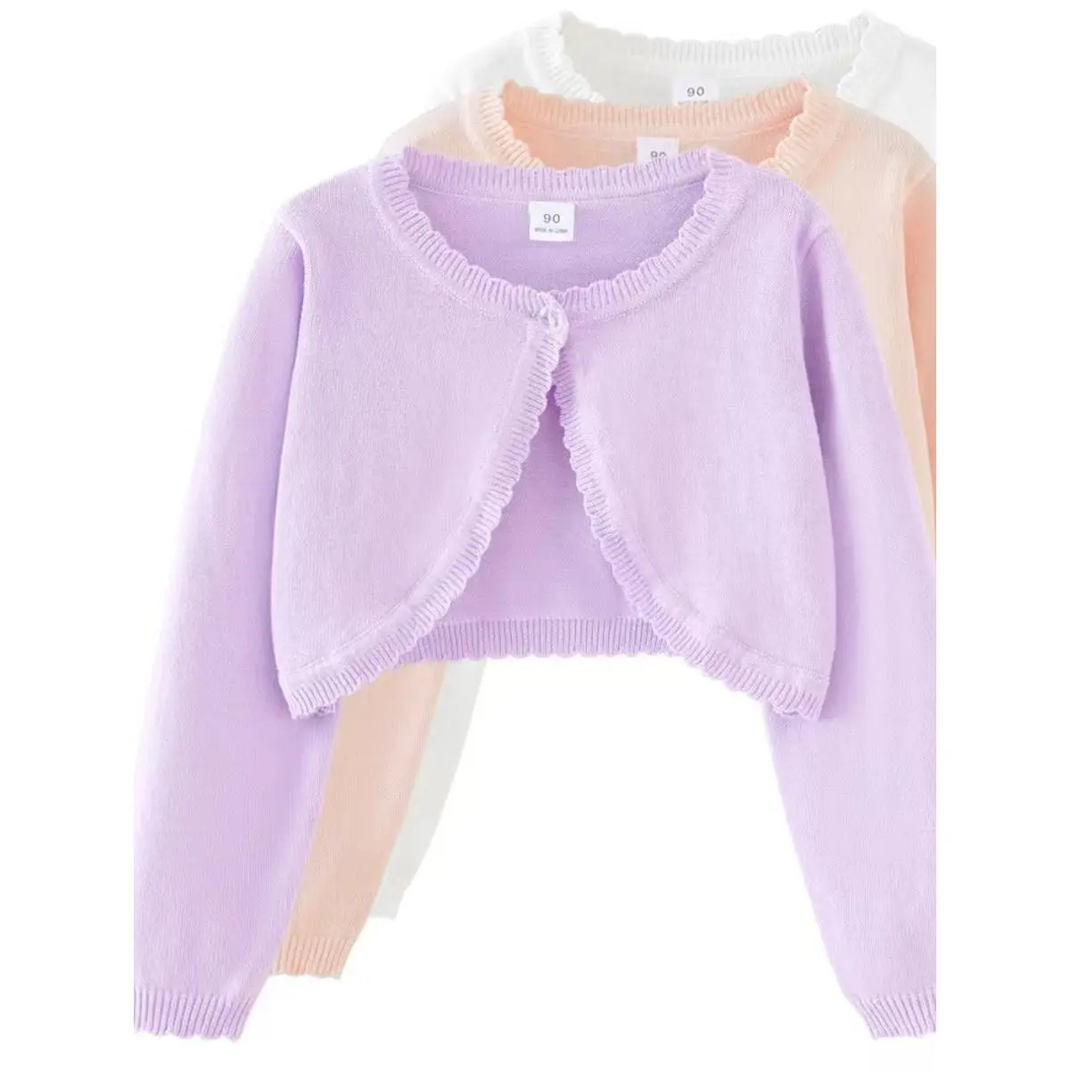 Girl's Polyester Fabric Puff Sleeve Solid Knitted Cardigan Top - Fringe Trim, School Style Shawl, Vacation Jacket, Party Wear