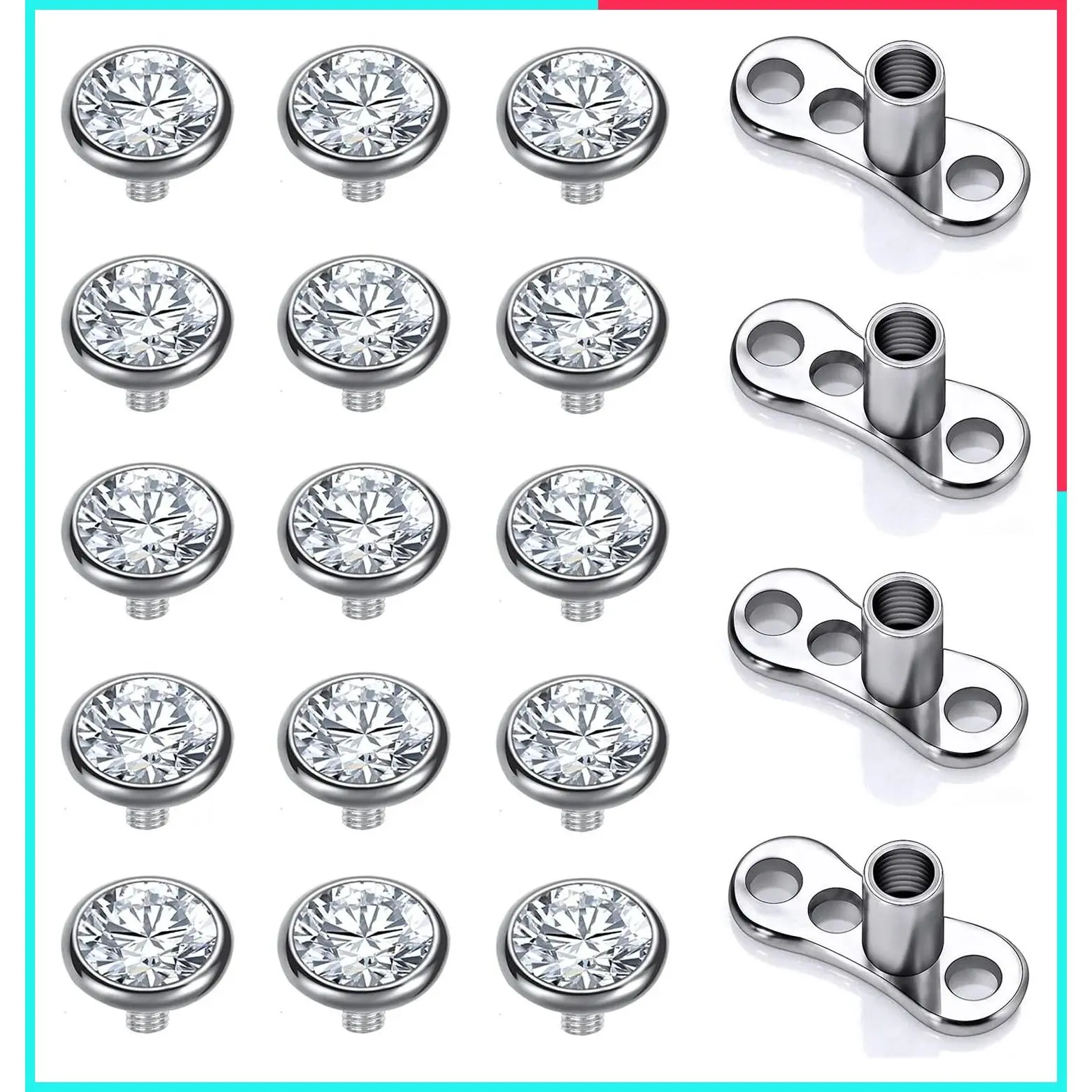14/15Pcs Cubic Zirconia Dermal Anchor Tops 2mm 3mm 4mm, 14G Surgical Steel Internally Threaded Dermal Anchor Base Microdermals Piercing for Women Men