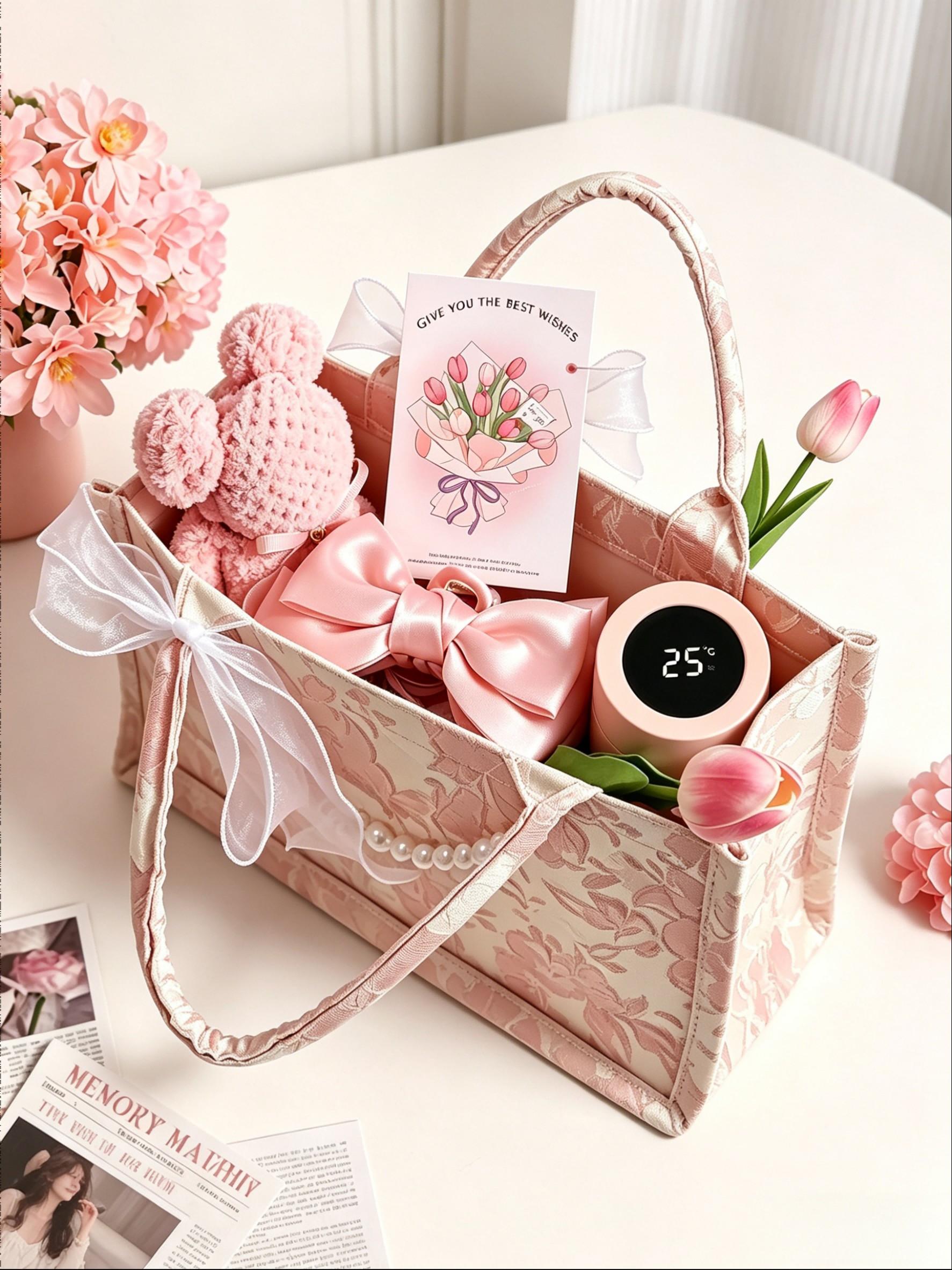 1 Set Exquisite Embroidered Gift Handbag Set with Ribbon, Tulip & Card | Vintage Floral Design Party Souvenir | Professional Gift Packaging for Festivals & Celebrations