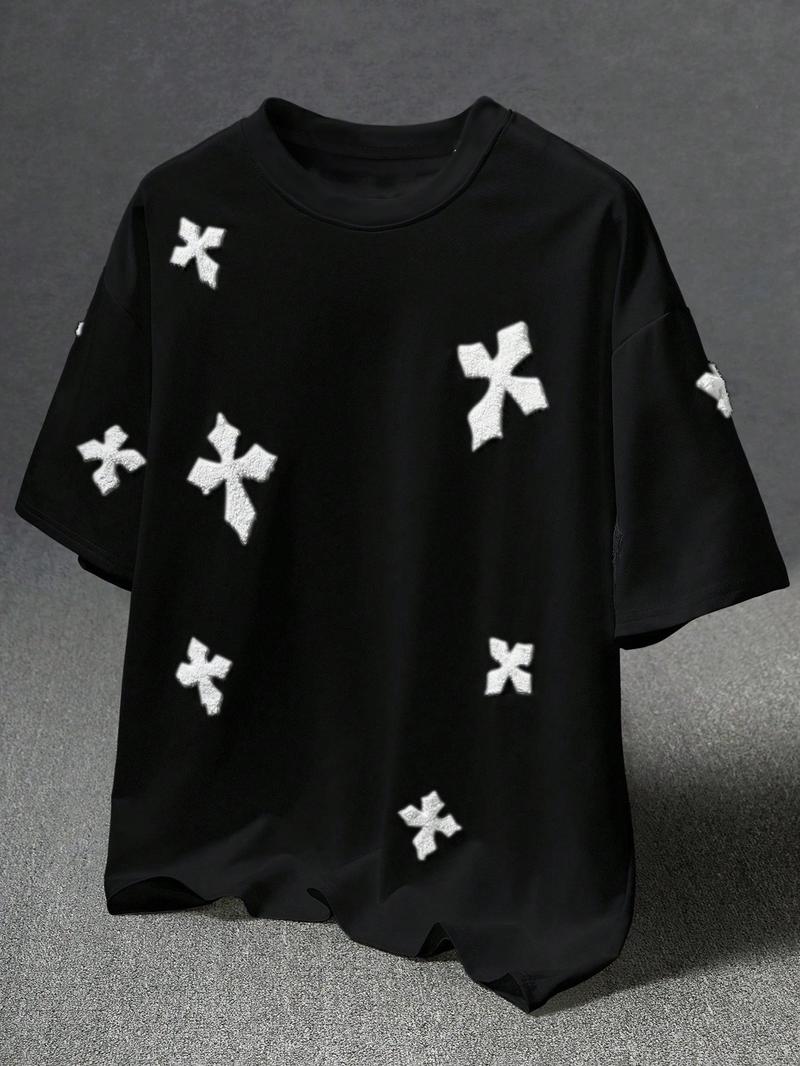 Men's Cross Stitch Embroidered Solid Color Round Neck T-Shirt, Casual Fitted Long Sleeve Top for All Seasons, Sporty College Style Men's Cross Stitch Embroidered Solid Color Round Neck T-Shirt, Casual Fitted Long Sleeve Top for All Seasons, Sporty College Style