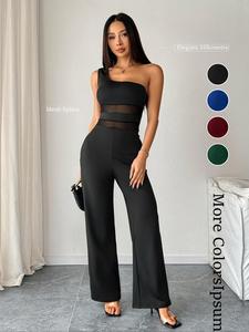 Elegant Solid Color One Shoulder Jumpsuit for Women, Mesh Splice Design, High Stretch, Breathable Fabric, All Season Versatile, Suitable for Casual and Formal Evening