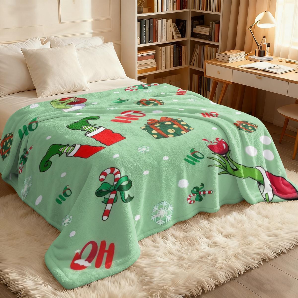 Comfortable Christmas Anime Grinch Gift Blanket, Flannel Blanket for Holiday Gifts, Soft Skin-Friendly Multi-Size Blanket, Perfect Home Decor